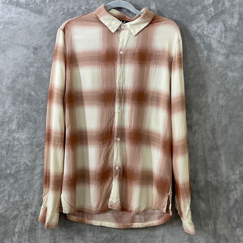 MAGASCHONI BUTTON UP PLAID SHIRT men’s size Medium Plaid Brown/cream